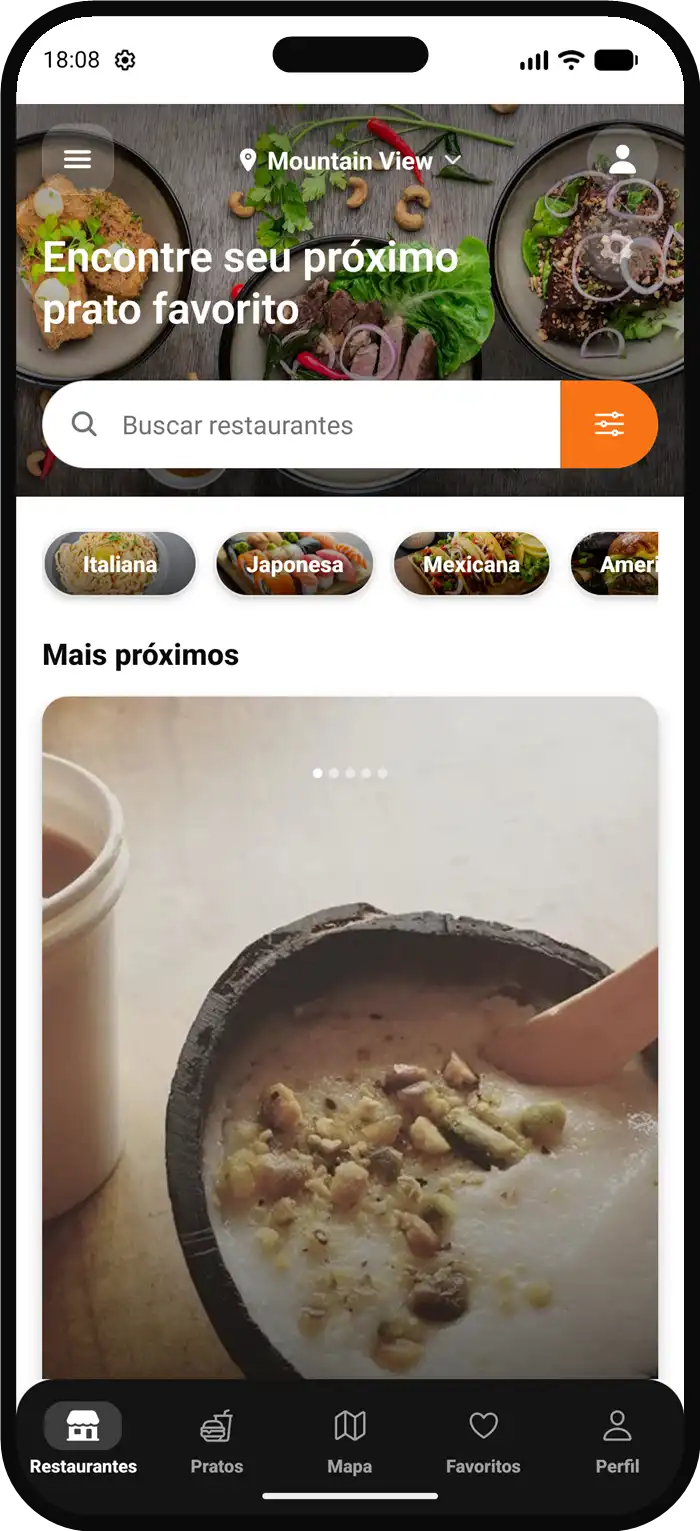 App home screen: restaurant search and shortcuts for Italian, Japanese and Mexican food